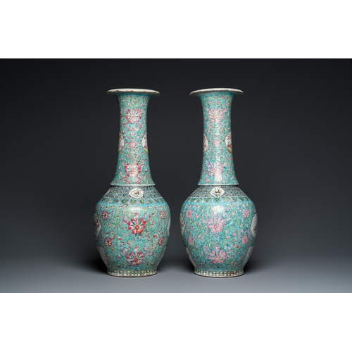 133 - A pair of Chinese turquoise-ground famille rose vases, 19th C.H.: 62 cm