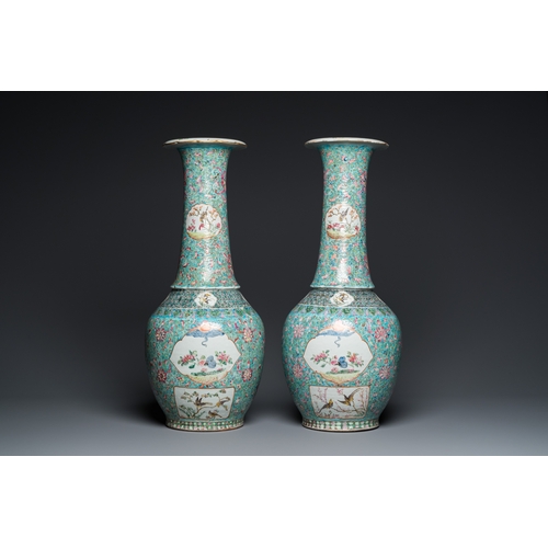 133 - A pair of Chinese turquoise-ground famille rose vases, 19th C.H.: 62 cm