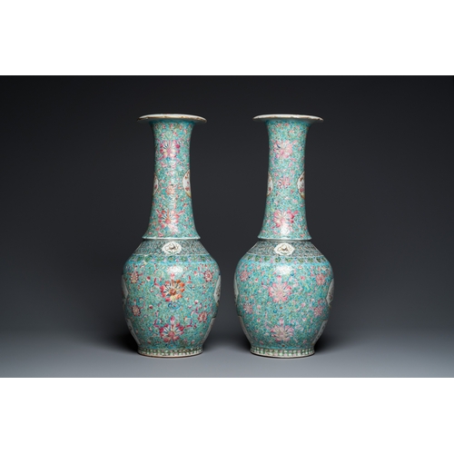 133 - A pair of Chinese turquoise-ground famille rose vases, 19th C.H.: 62 cm