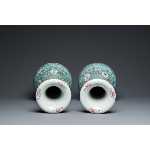 133 - A pair of Chinese turquoise-ground famille rose vases, 19th C.H.: 62 cm