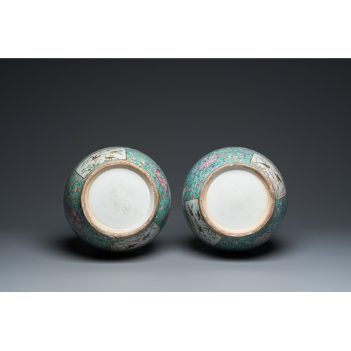 133 - A pair of Chinese turquoise-ground famille rose vases, 19th C.H.: 62 cm