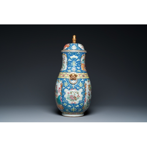 137 - A Chinese Canton famille rose blue-ground vase and cover, 19th C.H.: 53,5 cm