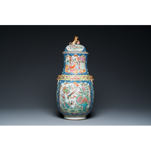 137 - A Chinese Canton famille rose blue-ground vase and cover, 19th C.H.: 53,5 cm