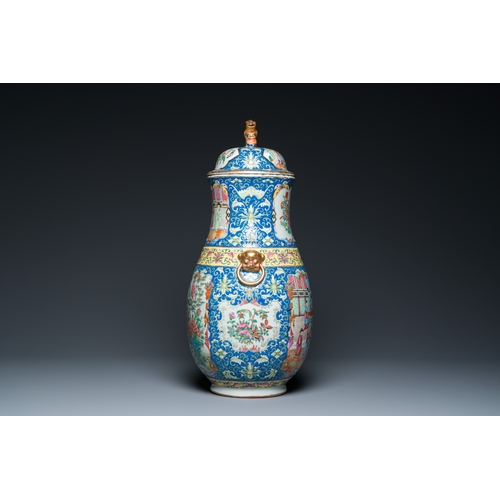 137 - A Chinese Canton famille rose blue-ground vase and cover, 19th C.H.: 53,5 cm