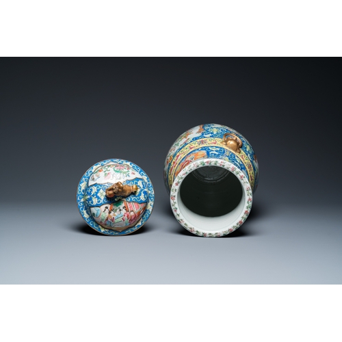 137 - A Chinese Canton famille rose blue-ground vase and cover, 19th C.H.: 53,5 cm