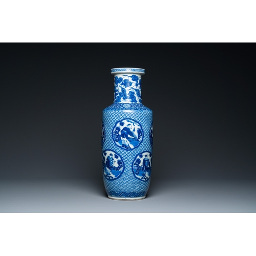 138 - A Chinese blue and white rouleau 'immortals' vase, Kangxi mark, 19th C.H.: 44 cm
 
 Provenance: The ... 