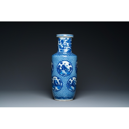 138 - A Chinese blue and white rouleau 'immortals' vase, Kangxi mark, 19th C.H.: 44 cm
 
 Provenance: The ... 