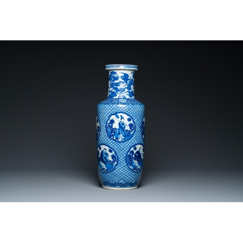 138 - A Chinese blue and white rouleau 'immortals' vase, Kangxi mark, 19th C.H.: 44 cm
 
 Provenance: The ... 