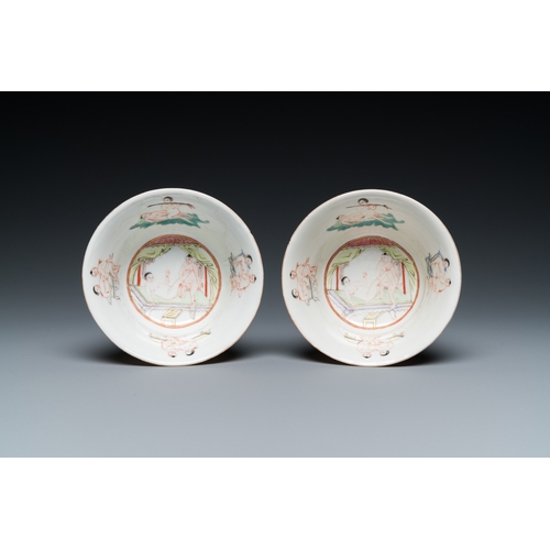 150 - Two Chinese famille rose 'erotic subject' bowls, Kangxi mark, 19th C.Dia.: 10,5 cm - H.: 6,5 cm... 