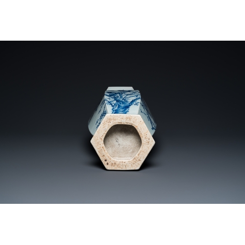 152 - A Chinese blue and white hexagonal 'magpie and plum blossom' vase, 19th C.H.: 58,5 cm