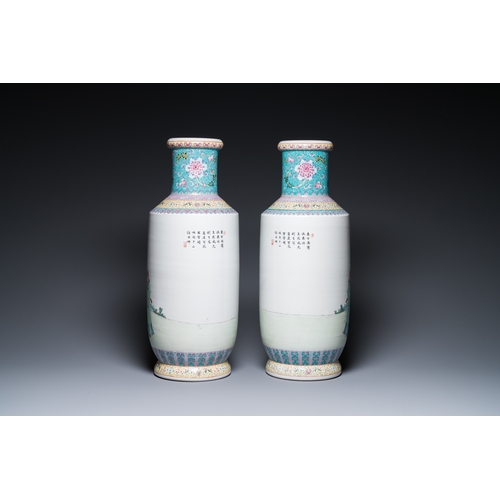 166 - A pair of Chinese famille rose rouleau vases, Qianlong mark, RepublicH.: 61,5 cm