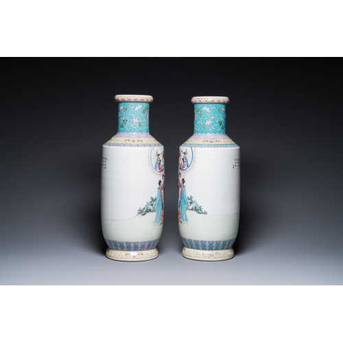 166 - A pair of Chinese famille rose rouleau vases, Qianlong mark, RepublicH.: 61,5 cm