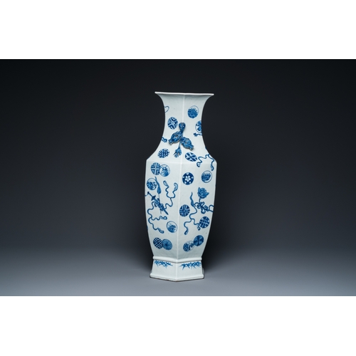 168 - A Chinese blue and white hexagonal 'anbaxian' vase, 19th C.H.: 59 cm