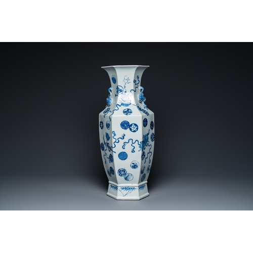 168 - A Chinese blue and white hexagonal 'anbaxian' vase, 19th C.H.: 59 cm