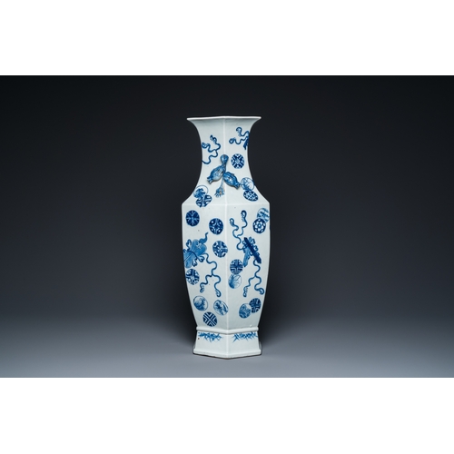 168 - A Chinese blue and white hexagonal 'anbaxian' vase, 19th C.H.: 59 cm