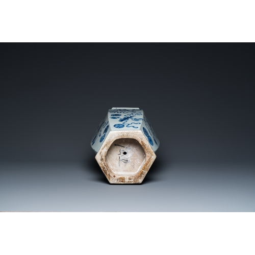 168 - A Chinese blue and white hexagonal 'anbaxian' vase, 19th C.H.: 59 cm