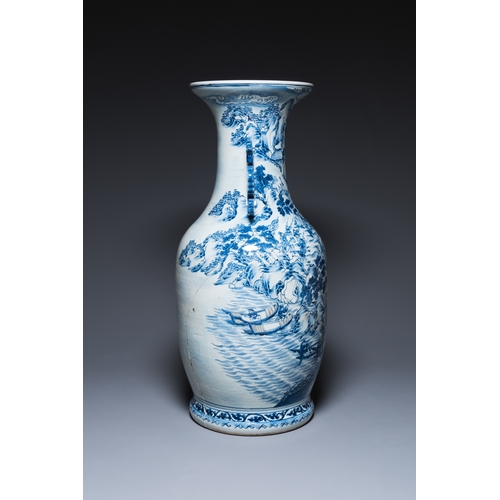 169 - A large Chinese blue, white and copper-red vase with a mountainous river landscape, 19th C.H.: 86 cm... 