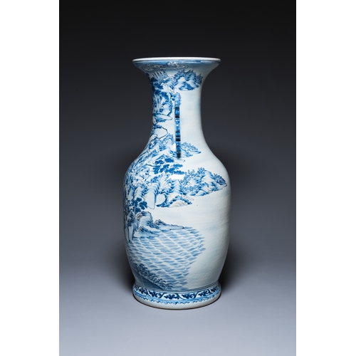 169 - A large Chinese blue, white and copper-red vase with a mountainous river landscape, 19th C.H.: 86 cm... 