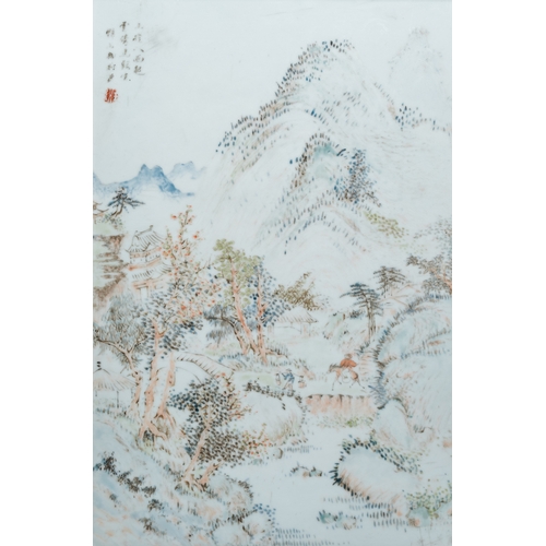 170 - A Chinese rectangular qianjiangcai 'mountainous landscape' plaque in the style of Cheng Men, 19th C.... 