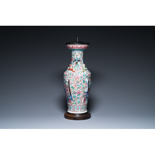 173 - A Chinese famille rose vase with phoenix-shaped handles, 19th C.H.: 74 cm (incl. stand and mount) H.... 