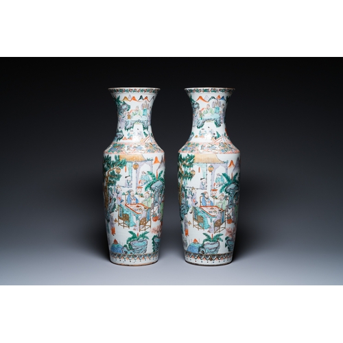 177 - A pair of Chinese Canton famille verte vases with garden scenes, 19th C.H.: 63 cm