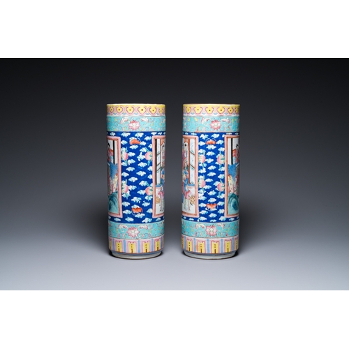 178 - A pair of Chinese famille rose cylindrical vases, 19th C.H.: 44 cm