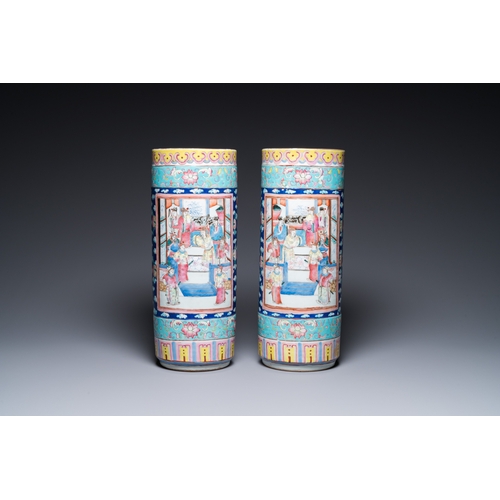 178 - A pair of Chinese famille rose cylindrical vases, 19th C.H.: 44 cm