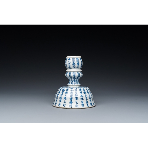 182 - A Chinese blue and white inscribed candlestick, Jin Yu Zhu Ji éçç è¨ mark, 19th C.H.: 12 cm... 