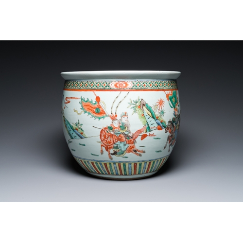 186 - A Chinese famille verte fish bowl with warriors on horseback, 19th C.Dia.: 36 cm - H.: 30,5 cm... 