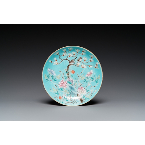 188 - A Chinese turquoise-ground famille rose bowl and matching plate, Guangxu mark and of the periodDia.:... 