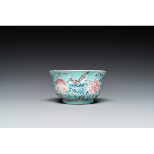 188 - A Chinese turquoise-ground famille rose bowl and matching plate, Guangxu mark and of the periodDia.:... 