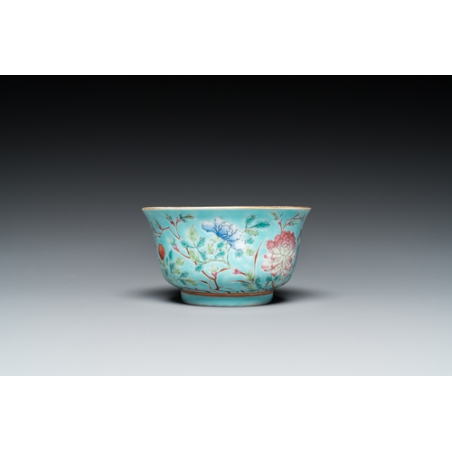 188 - A Chinese turquoise-ground famille rose bowl and matching plate, Guangxu mark and of the periodDia.:... 