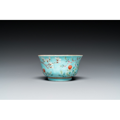 188 - A Chinese turquoise-ground famille rose bowl and matching plate, Guangxu mark and of the periodDia.:... 