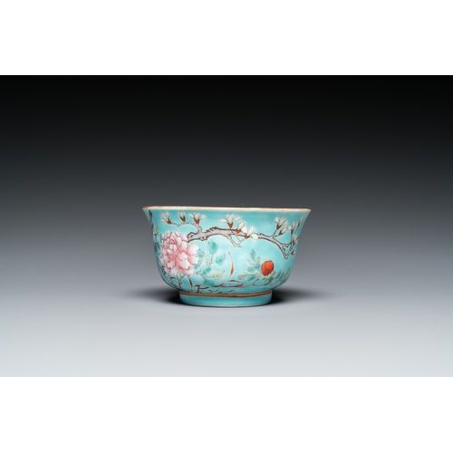 188 - A Chinese turquoise-ground famille rose bowl and matching plate, Guangxu mark and of the periodDia.:... 