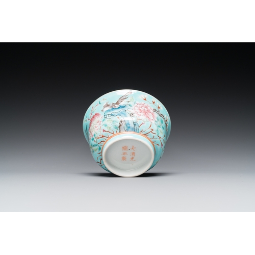 188 - A Chinese turquoise-ground famille rose bowl and matching plate, Guangxu mark and of the periodDia.:... 