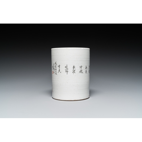 193 - A Chinese qianjiang cai brush pot, signed Yu Han ä½ç¿°, dated 1928H.: 14,5 cm