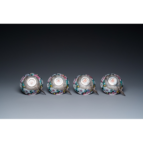 196 - A Chinese eight-piece silver-mounted famille rose millefleurs tea service, Qianlong mark 20th C.H.: ... 