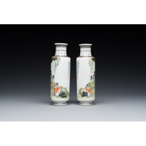 199 - A pair of Chinese famille rose rouleau vases, signed Xiong Xiaofeng çæå³°, dated 1947H.: 16,5 cm... 