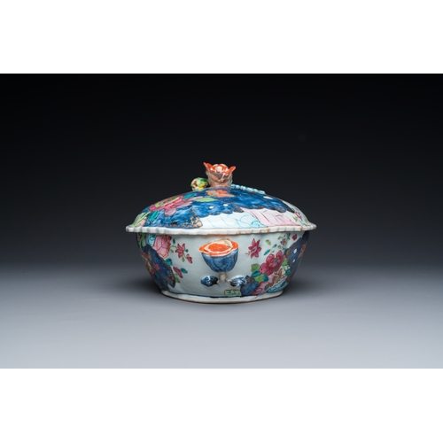 205 - A large Chinese famille rose 'tobacco leaf' tureen and cover on stand, QianlongL.: 31 cm (the stand)... 