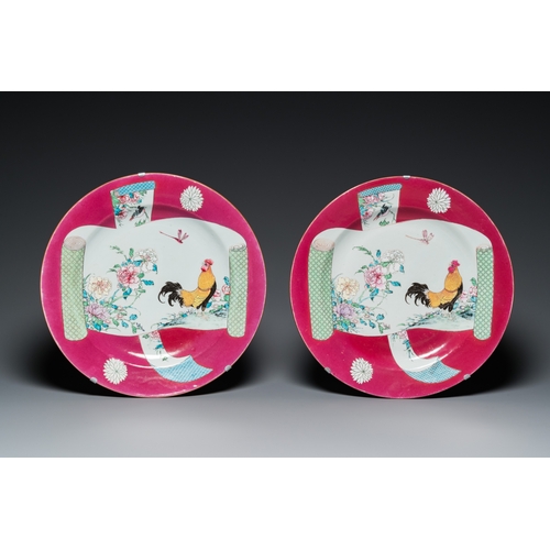 211 - A pair of large Chinese famille rose ruby-ground 'rooster' dishes, YongzhengDia.: 40 cm... 