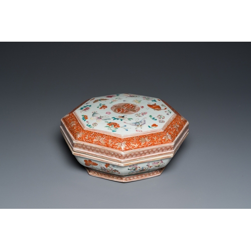 213 - A Chinese famille rose, iron-red and gilt octagonal box and cover with butterflies, YongzhengL.: 27 ... 