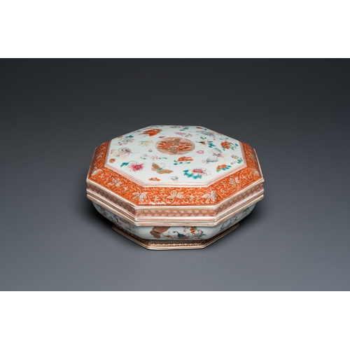 213 - A Chinese famille rose, iron-red and gilt octagonal box and cover with butterflies, YongzhengL.: 27 ... 