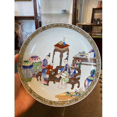 220 - A fine Chinese famille rose eggshell porcelain plate with a boy and two governesses in an interior, ... 