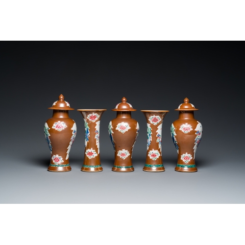 233 - A Chinese capucin-brown-ground famille rose garniture of five vases with 'Xi Xiang Ji' design, Yongz... 