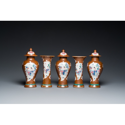 233 - A Chinese capucin-brown-ground famille rose garniture of five vases with 'Xi Xiang Ji' design, Yongz... 