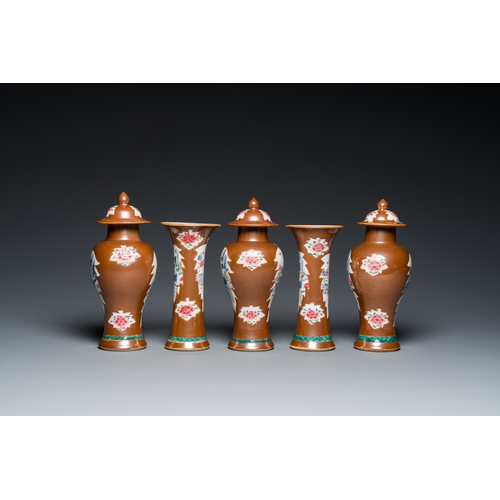 233 - A Chinese capucin-brown-ground famille rose garniture of five vases with 'Xi Xiang Ji' design, Yongz... 