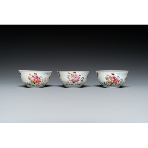 235 - Three Chinese famille rose 'horserider' cups and saucers with the matching tea caddy, Yongzheng/Qian... 