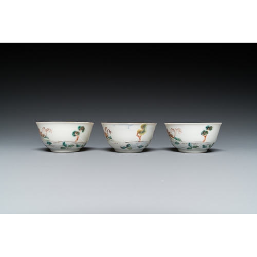 235 - Three Chinese famille rose 'horserider' cups and saucers with the matching tea caddy, Yongzheng/Qian... 