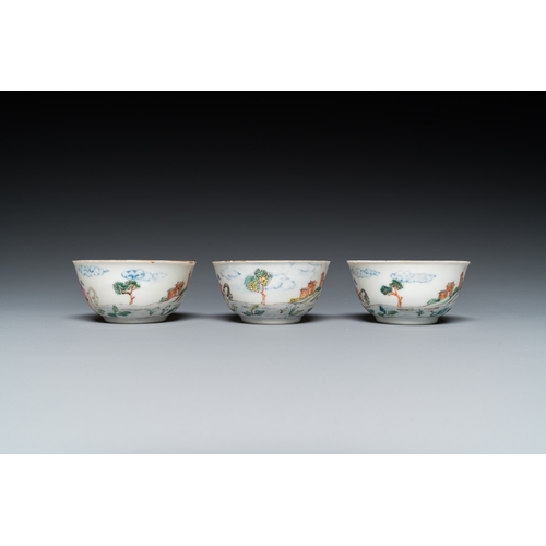 235 - Three Chinese famille rose 'horserider' cups and saucers with the matching tea caddy, Yongzheng/Qian... 