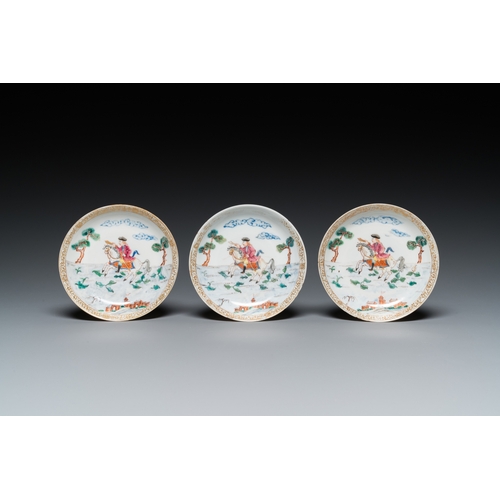 235 - Three Chinese famille rose 'horserider' cups and saucers with the matching tea caddy, Yongzheng/Qian... 